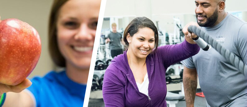 A split image; on the left there is a smiling woman offering an apple and on the right, there is a physical therapist guiding a client to fitness.
